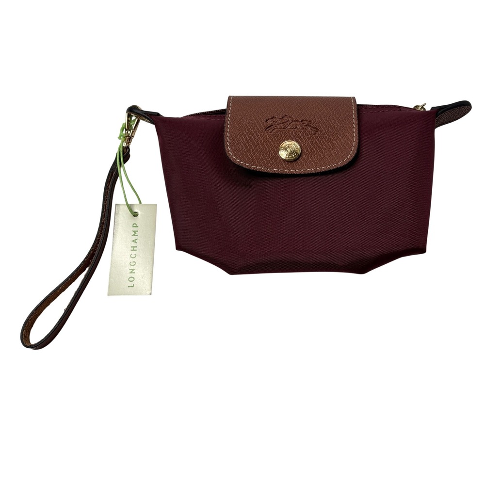 Longchamp Le Pliage Wristlet Pouch Burgundy Red Nylon Leather Trim NEW